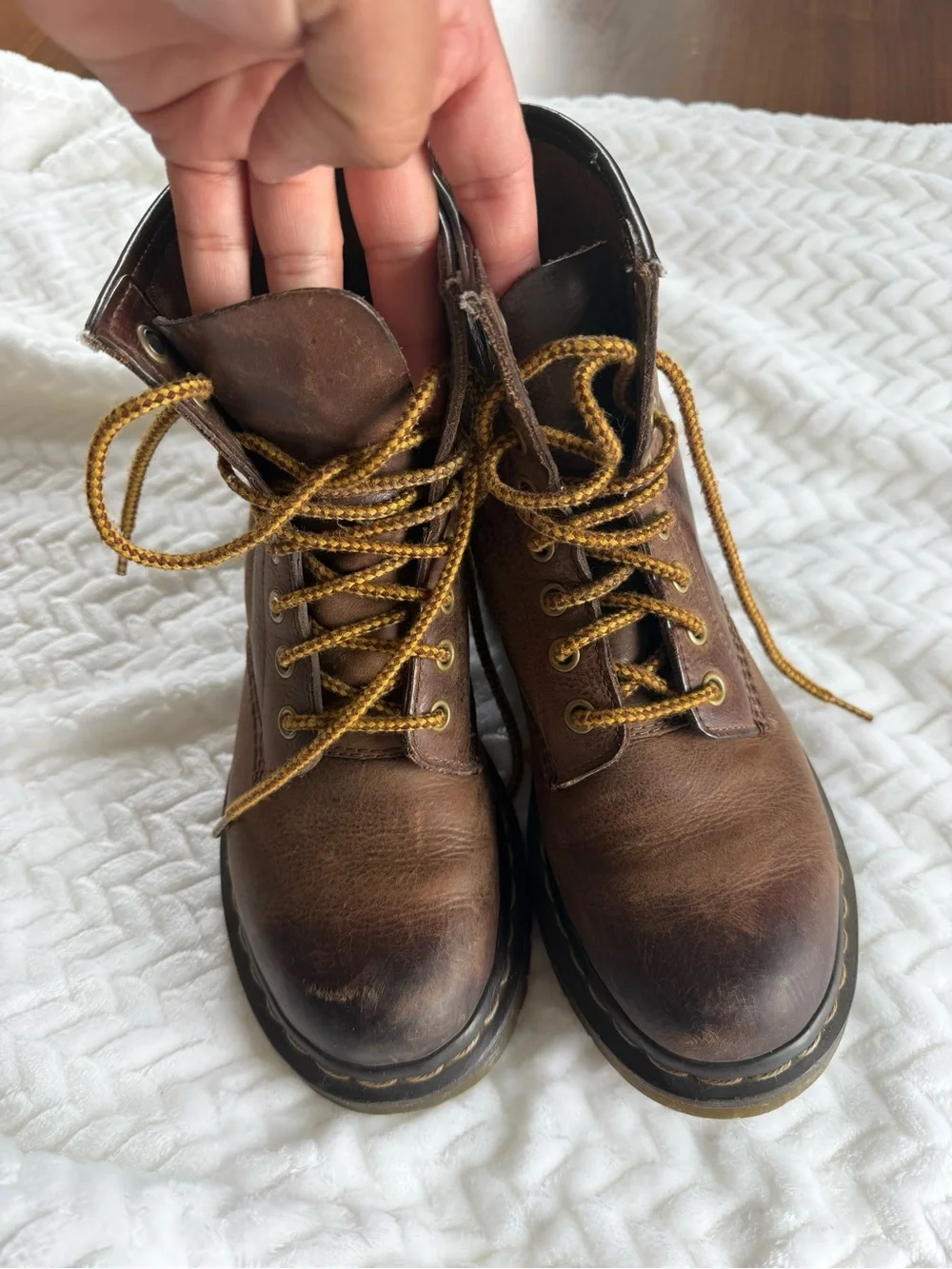 Dr. Martens Brown Leather Lace-Up Men's Boots with Yellow Stitching